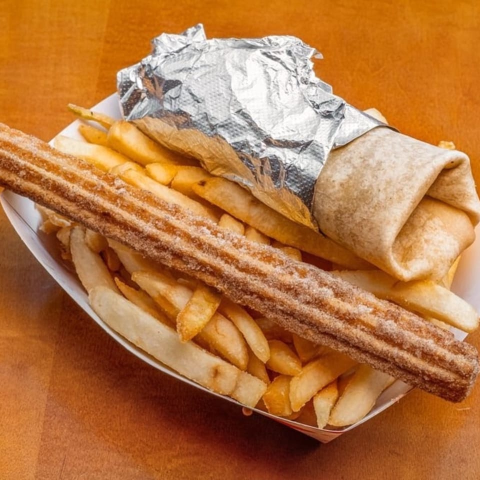A Badlands Tacos burrito wrapped in foil, french fries, and a churro in a paper tray.