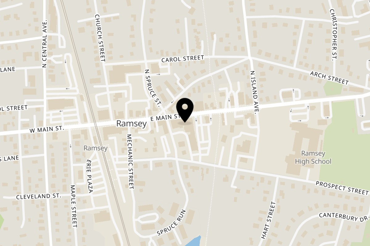 Map showing the location of Badlands Tacos on 102 E Main St in Ramsey